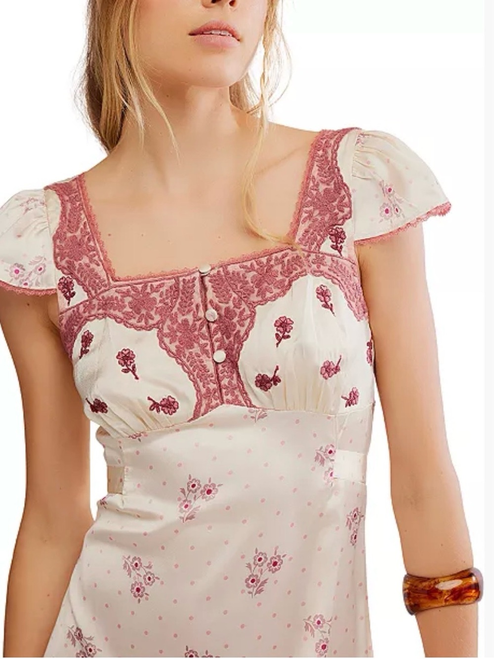 Free People Haven Embroidered Lace Trim Satin Midi Dress - Picture 2 of 4